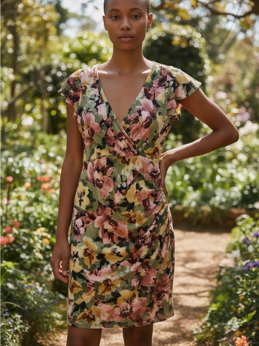 ANNE KLEIN Floral Surplice Wrap Dress  - Olive & Pink size 8